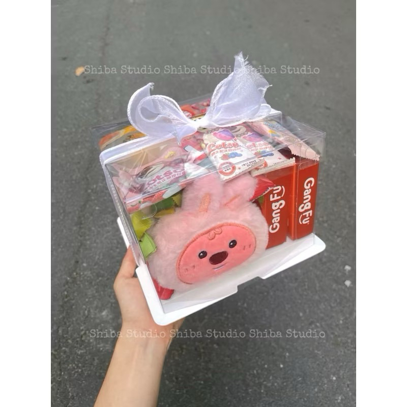 Box (hộp ) quà tặng bánh kẹo mica có gấu bông loppy gấu dâu dễ thương (tặng kèm đèn Led)