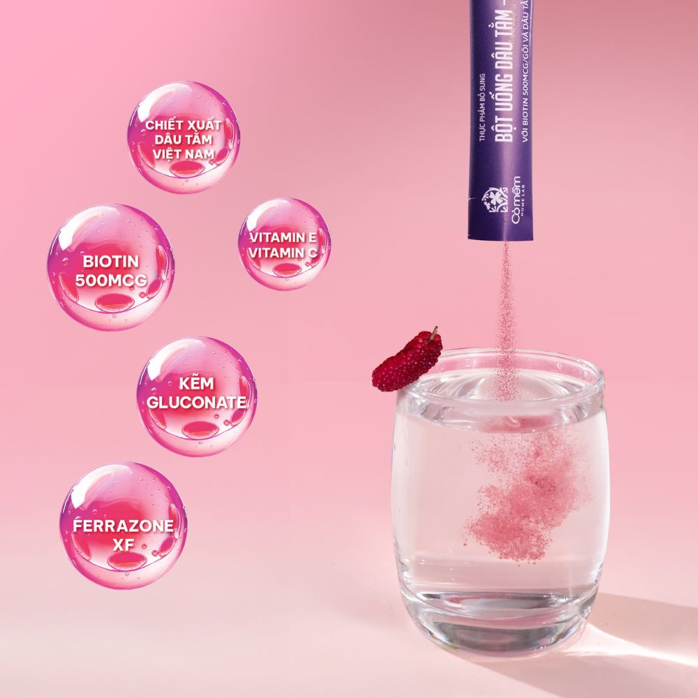 Combo Giảm Rụng Tóc Dâu Tằm & Bột Uống Dâu Tằm - Biotin Kích Thích Mọc Tóc Bảo Vệ Tóc Chắc Khỏe Cỏ Mềm (Hộp 30 gói x 3g)