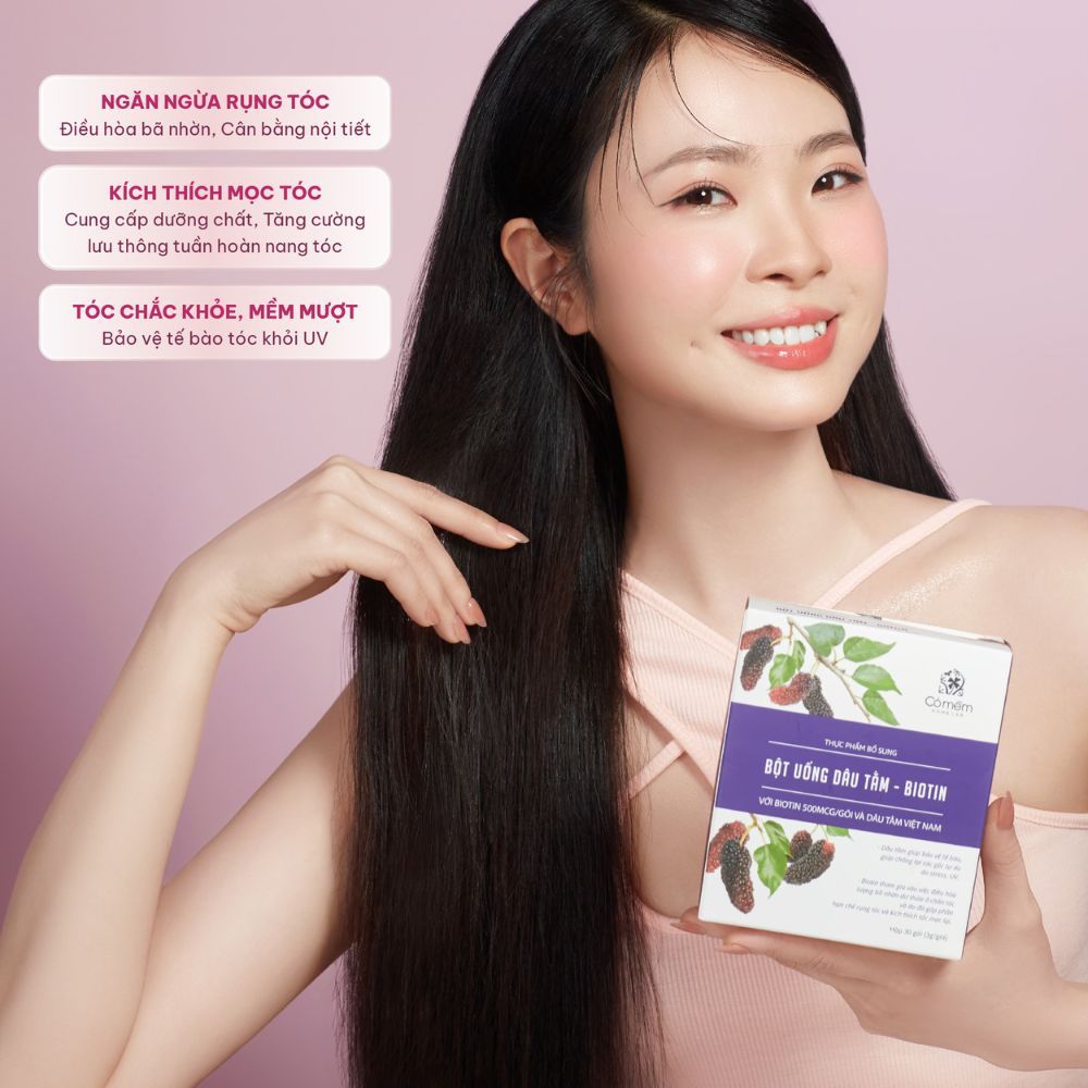 Combo Giảm Rụng Tóc Dâu Tằm & Bột Uống Dâu Tằm - Biotin Kích Thích Mọc Tóc Bảo Vệ Tóc Chắc Khỏe Cỏ Mềm (Hộp 30 gói x 3g)