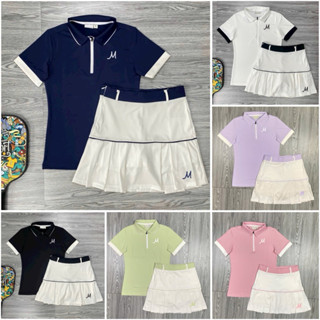Bộ Váy Thể Thao Xếp Ly Và Áo Có Cổ Tay Ngắn Chơi Cầu lông, Pickleball, Tennis, Golf Vải Thun Cao Cấp - MB01