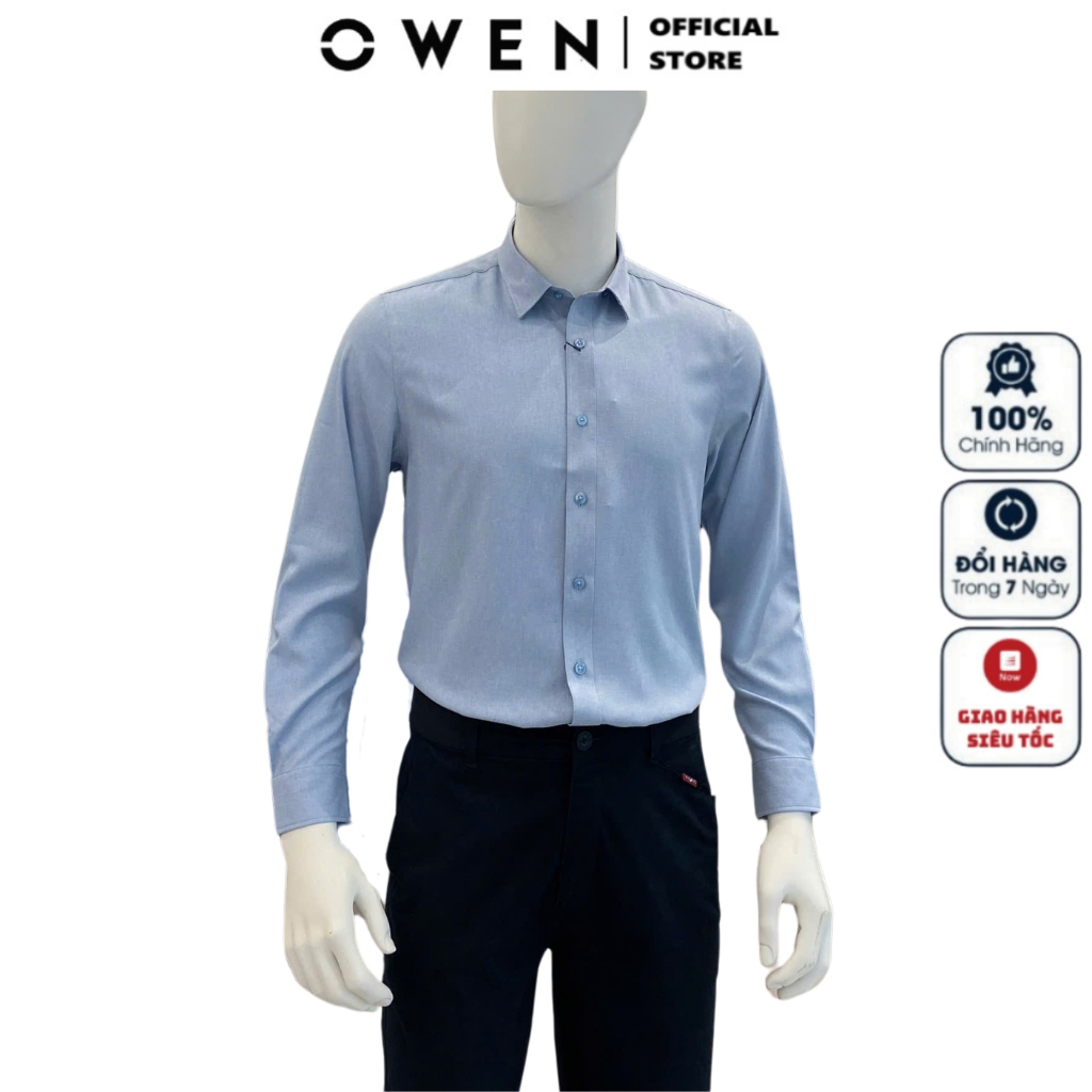 Áo sơ mi nam dài tay OWEN AS240011D somi công sở cao cấp màu màu xanh nhạt chất nano dáng ôm tà lượn