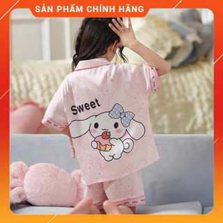 [12-48 kg] Bộ đồ ngủ lụa trẻ em cao cấp - Bộ bé gái mùa hè ngắn tay in hình baby three labubu cinamoroll kurromi cho bé