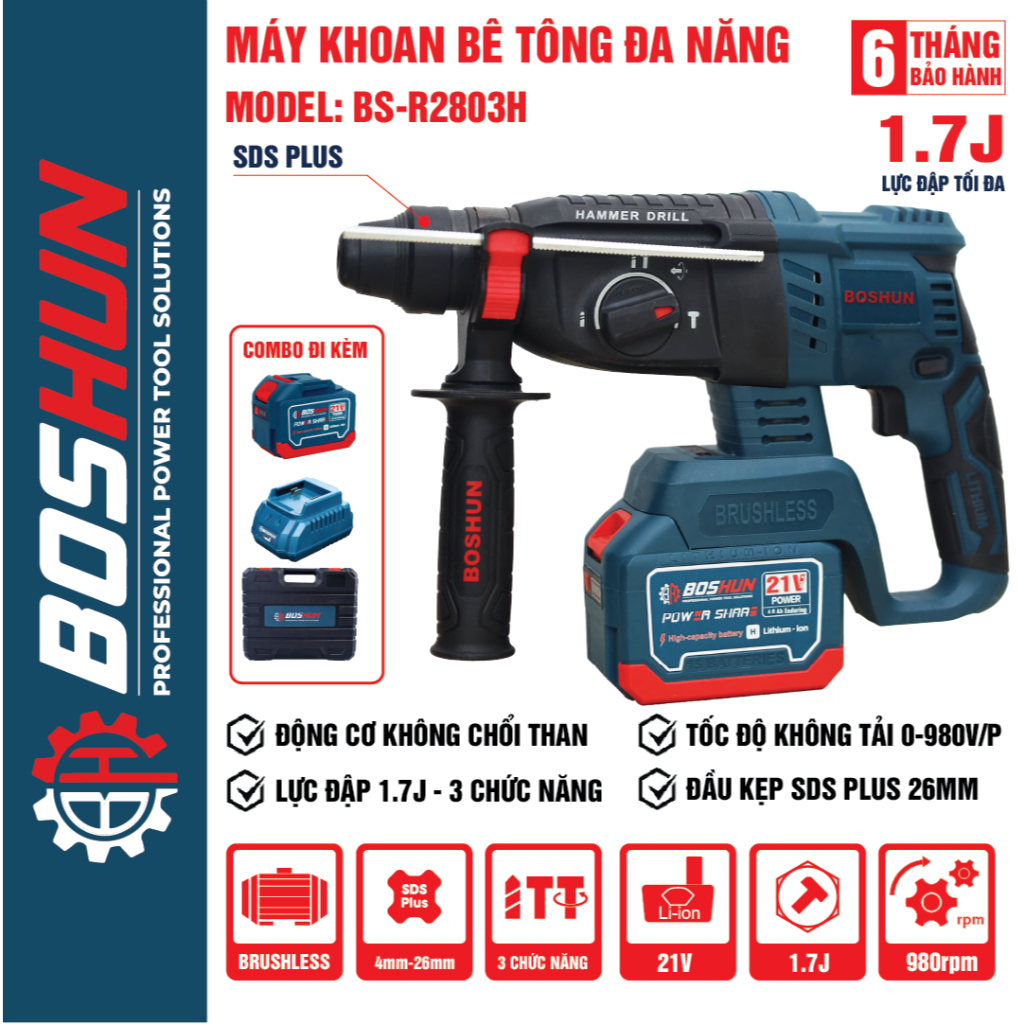 Máy khoan bê tông pin 3 chức năng Boshun BS-G2803H pin khủng 15 Cell, Chuyên khoan bê tông, Khoan tường