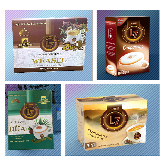 Combo 60 gói đủ loại Cà phê hoà tan L7 (1 hộp/loại gồm 3in1, Cappuccino, Dừa, và Chồn)