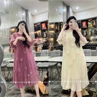  Váy Bầu voan xếp ly 2 lớp tay lỡ được đính hoa voan xinh xắn phù hợp đi làm,đi du lịch,đi chơi 