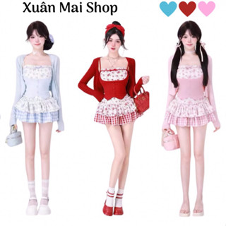 Set 3 món áo 2 dây hoa đính nơ khoác chân váy tầng phối màu đỏ tiểu thư coquette girl đi chơi Noel Tết đi tiệc chụp ảnh