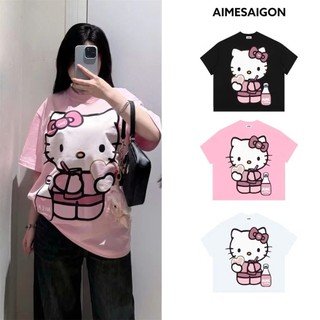  Áo thun phông nam nữ tay lỡ form to ,áo phông in hình hoạt hình hai mặt hello kitty bình nước cute chất cotton dày dặn 