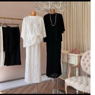  Set ren gồm áo và chân váy dáng dài suông phong cách hàn quốc 2 màu đen kem RibbonStudio 