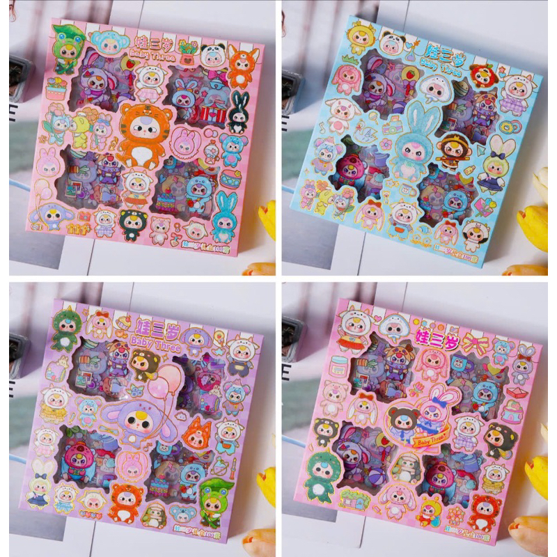 Hộp 100 tấm Sticker Babythree nhựa PVC siêu bền đẹp, rất nhiều hình dán đa dạng cho bé, trang trí đồ