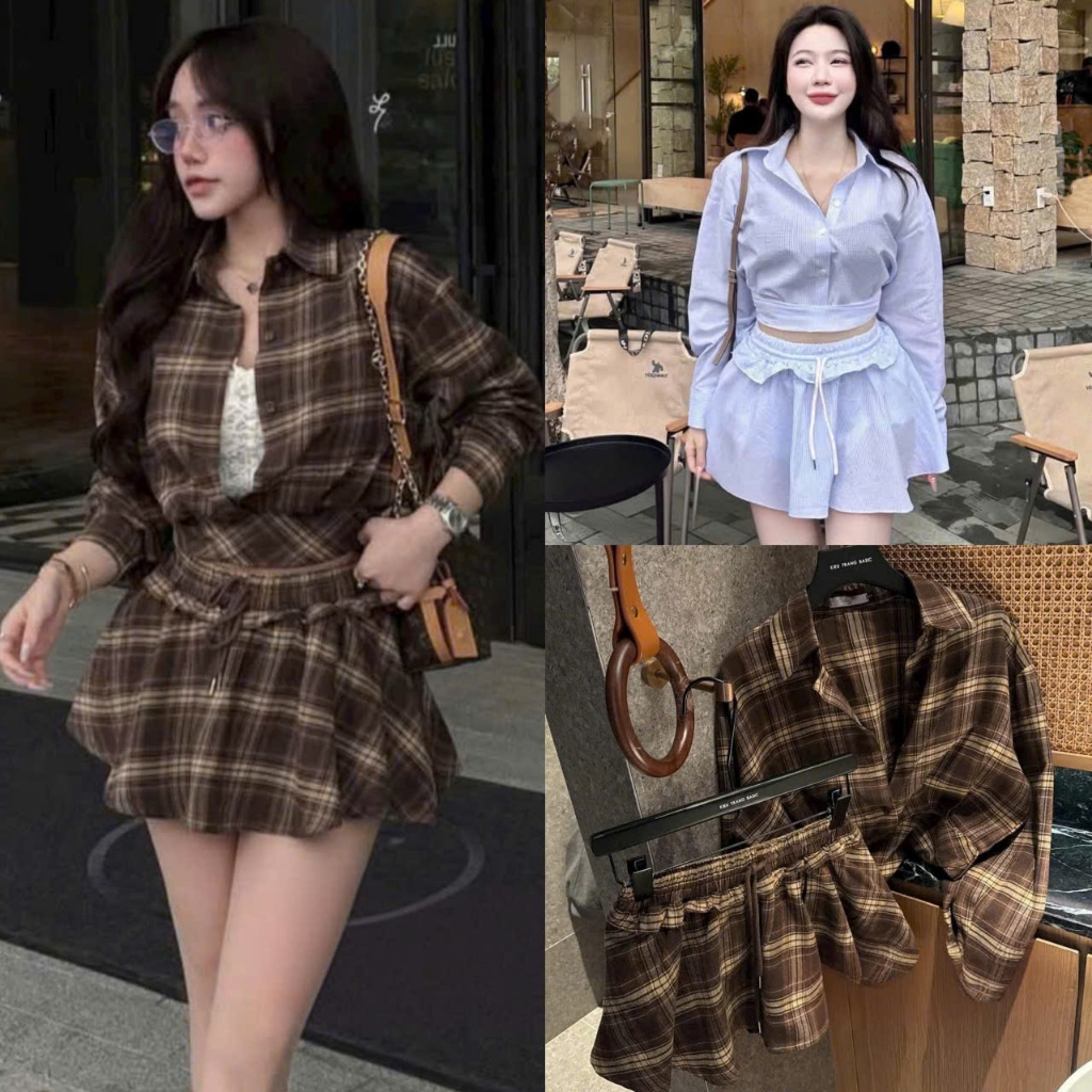Sét Sơ Mi Croptop Phối Chân Váy Tầng Xòe size S M - Halinh Shop - Sét Váy Sơ Mi Chân Váy Dài Tay Phố