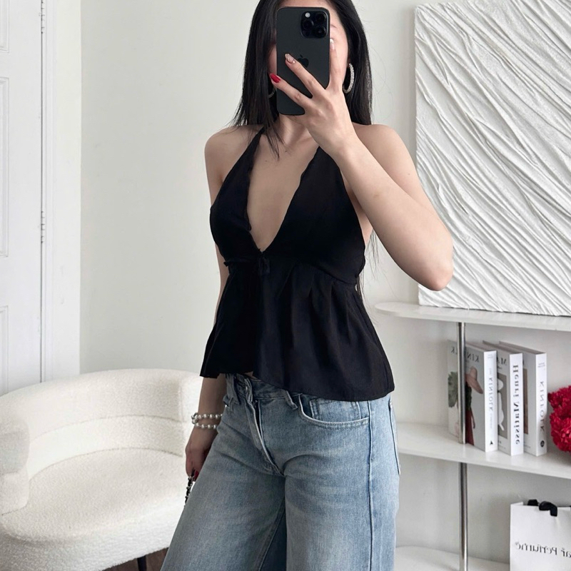 Áo Yếm Nữ Hở Lưng Hoa Nhí Cột Dây Sẵn Đệm Mút Chất Linen | BigBuy360 - bigbuy360.vn