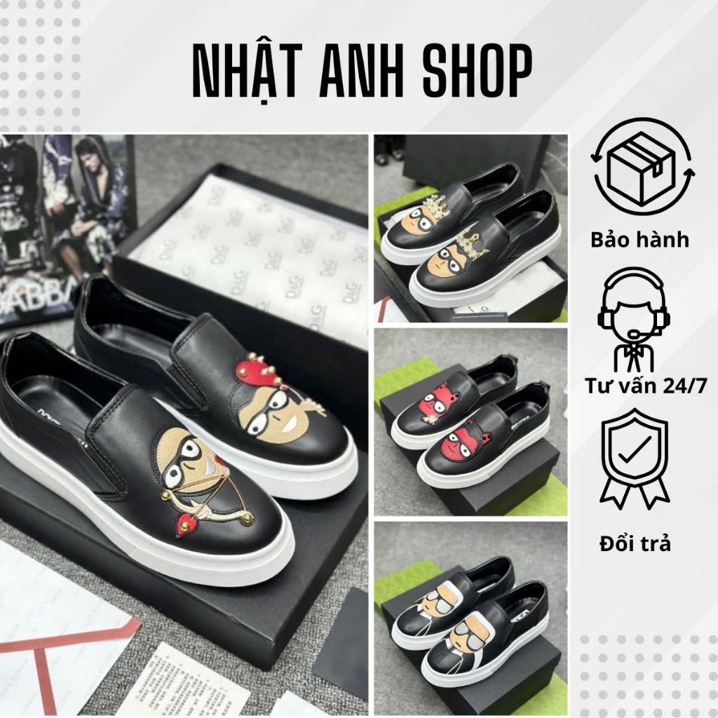 Giày lười Dg thêu hoạt hình đeo kính cực chất, Giày Slipton Dg nam chất da cao cấp đế cao su non cực