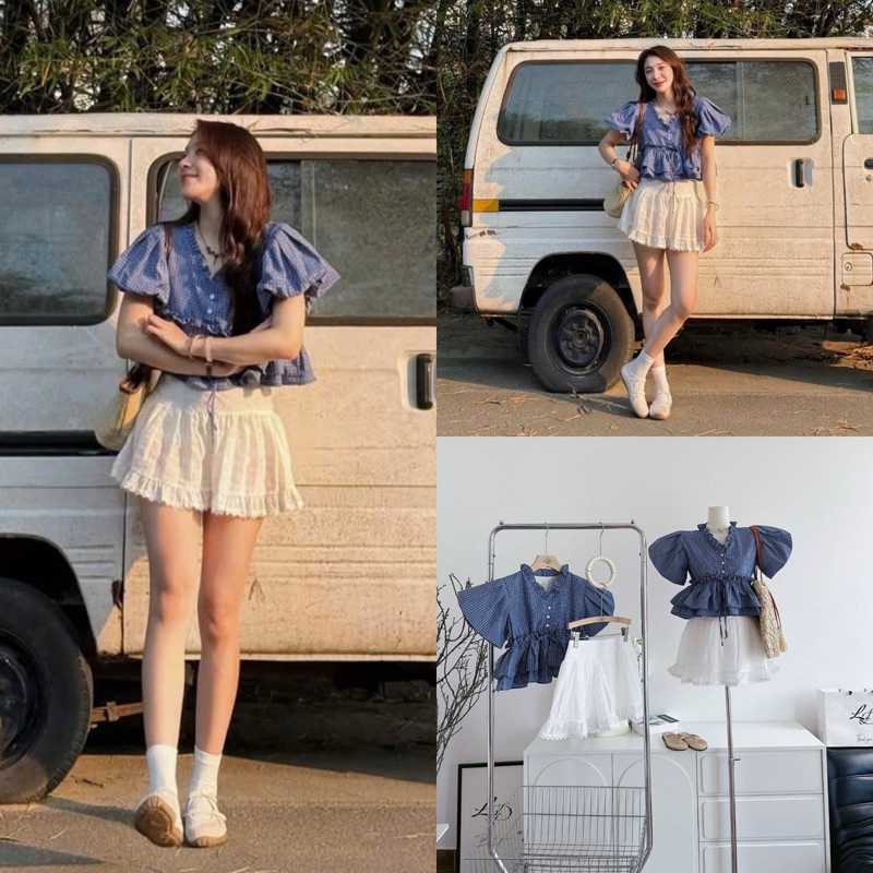 Áo croptop tay phồng + chân váy