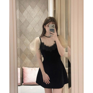 Set 2 Món Áo Lưới Tơ Voan Tay Bồng Xuyên Thấu Mix Đầm Váy Nhung 2 Dây Đính Viền Ren Nơ 2 Bên Tiểu Thư