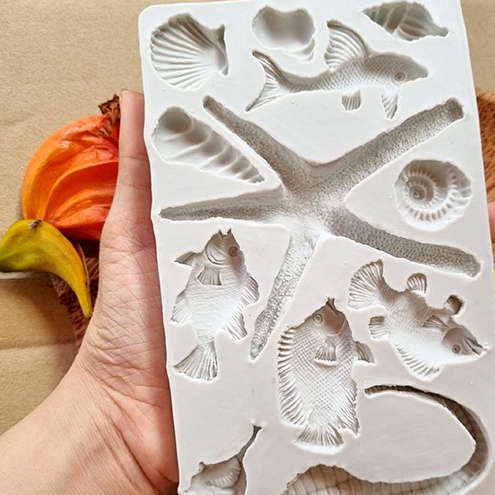 Khuôn silicon sinh vật biển vỉ to sao biển cá ngựa sò ốc ốp bánh