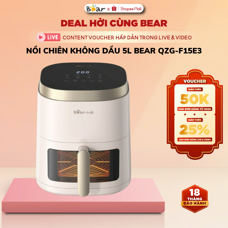 Nồi Chiên Không Dầu 5L Bear QZG-F15E3 - 1500W- Màn hình cảm ứng dễ sử dụng- Chính Hãng- BH 18 Tháng