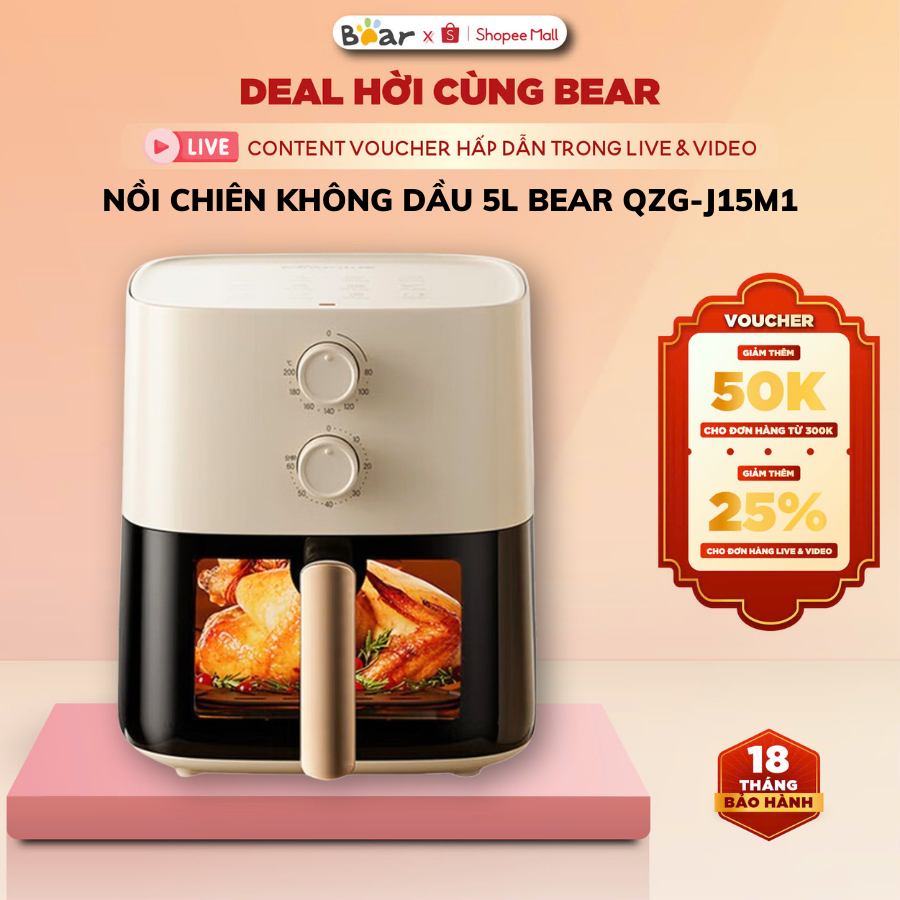 Nồi chiên không dầu đa năng 5L Bear QZG-J15M1, 1500W, Vặn núm hẹn, Tháo rời dễ vệ sinh, BH 18 Tháng