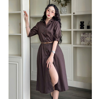 Đầm sơ mi cổ bẻ kèm belt da Quu1nby xuất khẩu Hàn