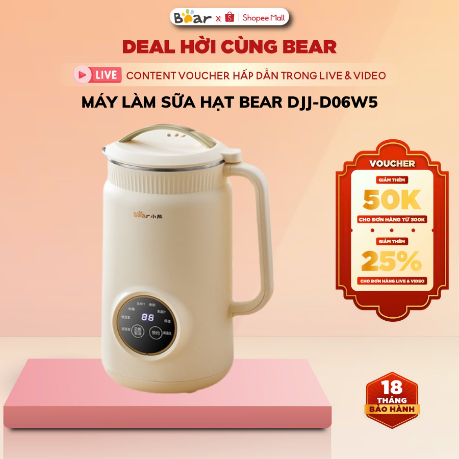 Máy làm sữa hạt 1L Bear SMM-4H06S (DJJ-D06W5), 800W, Nấu sữa,Xay sinh tố, Lưỡi dao Inox, BH 18 tháng