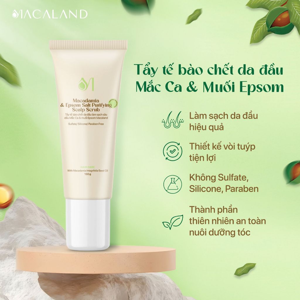Tẩy Tế Bào Chết Da Đầu MACALAND 150g - Mắc Ca & Muối Epsom, Làm Sạch, Giúp Tóc Chắc Khỏe