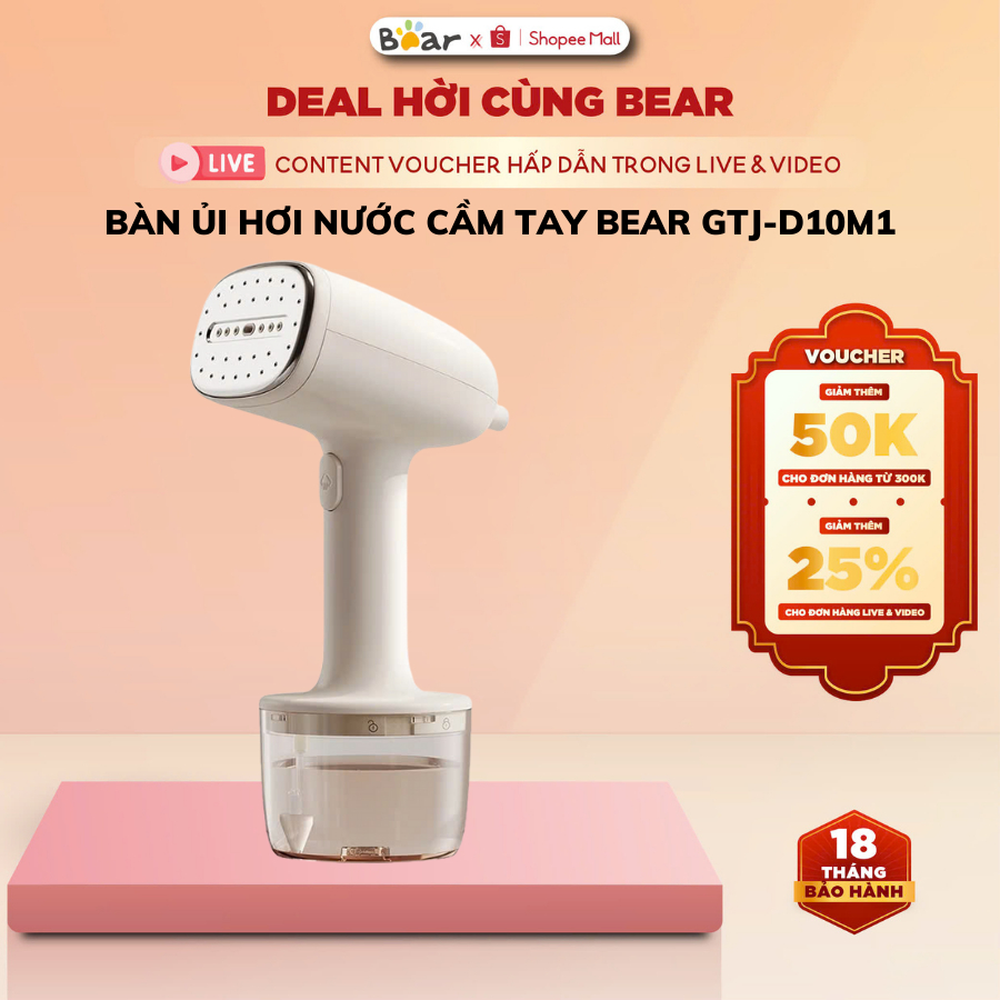 Bàn ủi hơi nước cầm tay 1000W Bear GTJ-D10M1, Làm nóng nhanh, Ngăn chứa tháo rời, Bảo Hành 18 Tháng