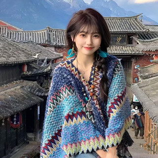 Áo Choàng Kiêm Khăn Choàng Boho Thổ Cẩm Mùa Đông Phong Cách Vintage