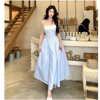 Đầm Maxi Đi Biển, Váy 2 Dây Dài Phối Ren( CÓ MUT NGỰC) Thiết Kế Vải Kẻ Sọc Xanh Sang Chảnh Tiểu Thư Đi Chơi, Đi Du Lịch