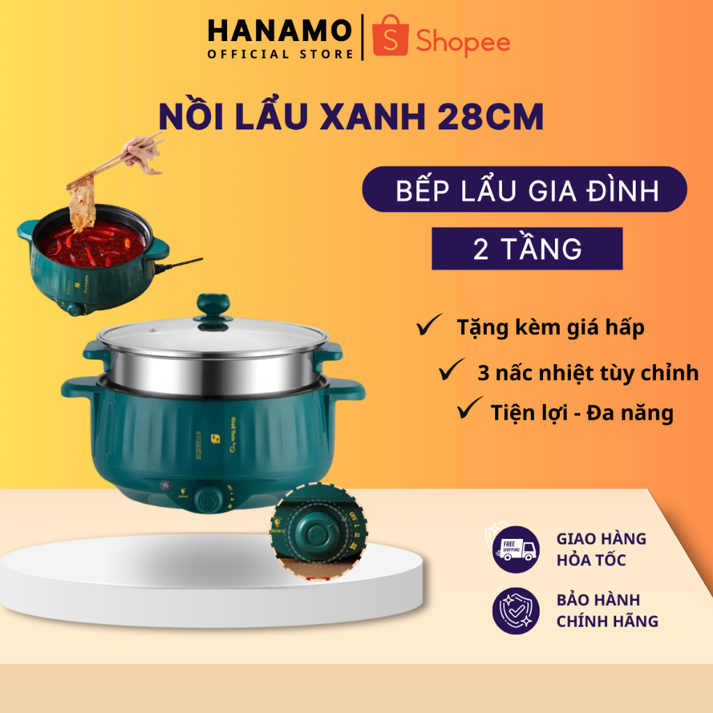 Nồi Lẩu Điện Đa Năng 28cm Chống Dính Cao Cấp Kèm Giá Hấp Inox Chiên, Xào, Hấp Công Suất 1000W