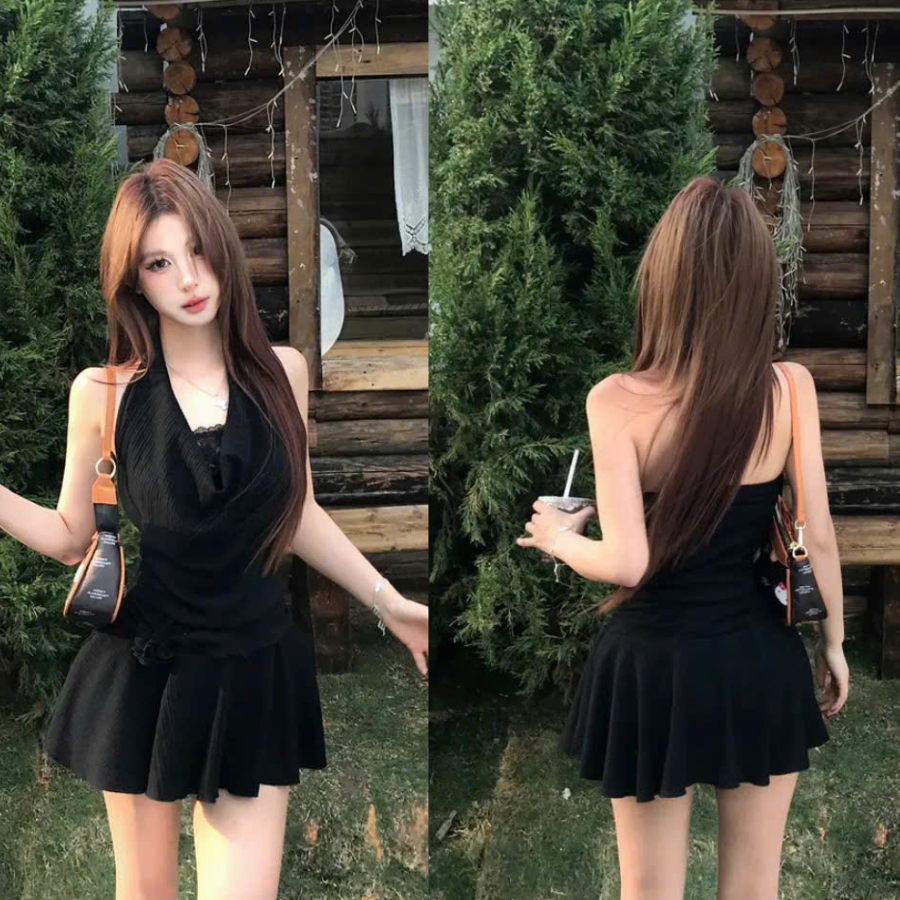 Đầm Cổ Yếm Hở Lưng, Đầm Váy Ôm Body Cổ Yếm Tùng Xoè Màu Đen Sang Chảnh Tiểu Thư Cho Nàng Đi Tiệc, Đi Chơi Đều Xinh