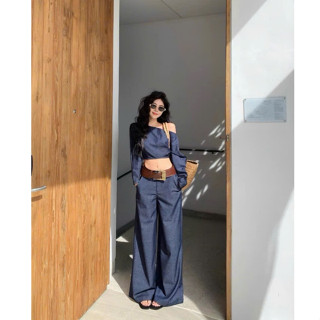 HB055 Set áo croptop trễ vai dài tay quần ống rộng cạp cao hách dáng cá tính