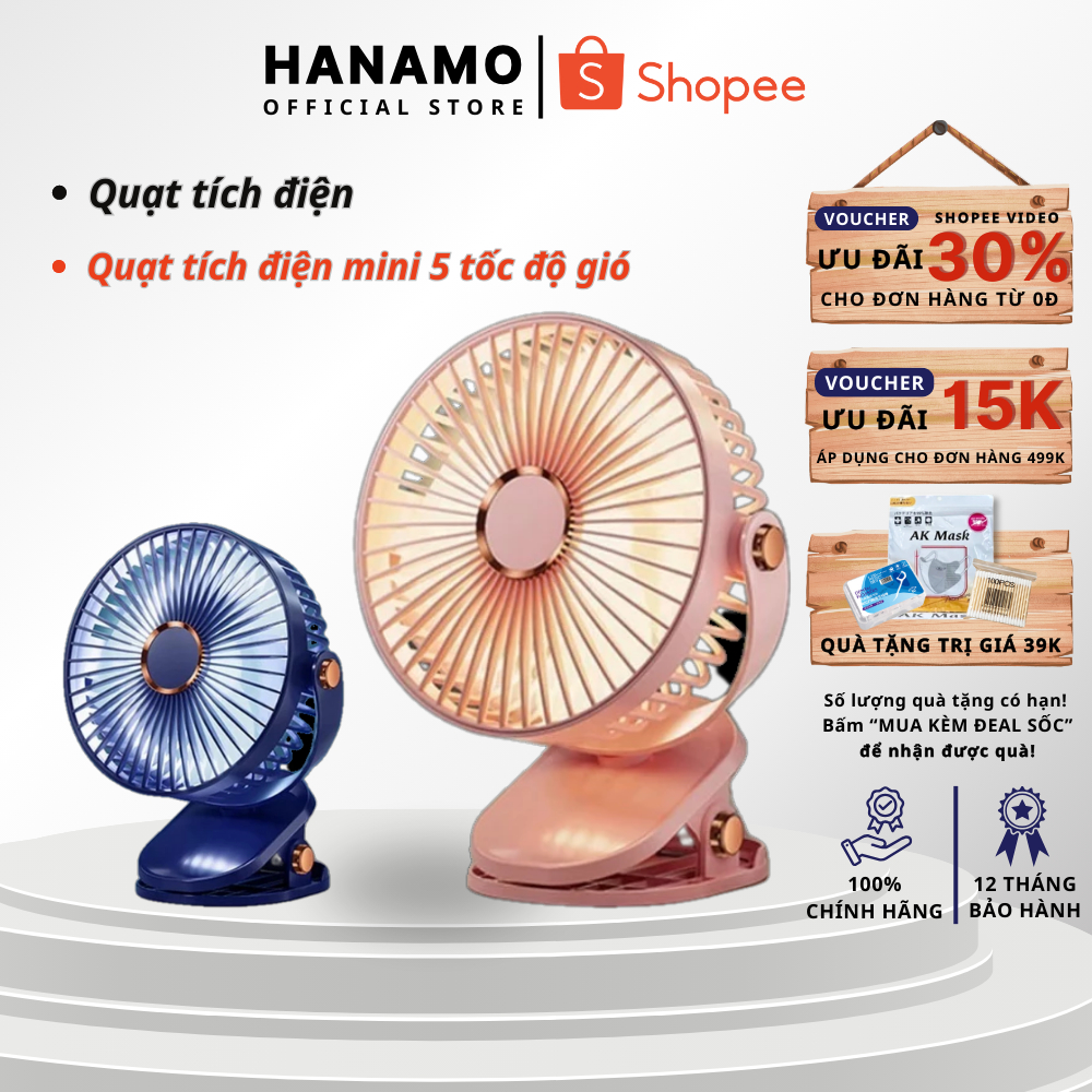 ( LOẠI TO ) Quạt tích điện mini 5 tốc độ gió có đèn led, quạt kẹp Tobe - Clip fan, quạt để bàn nhỏ gọn pin 10000mAh