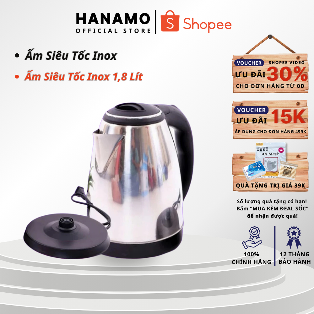 Ấm Siêu Tốc Inox 1,8 Lít Đun Sôi Cực Nhanh - Bình siêu tốc inox tốt cho sức khỏe người sử dụng