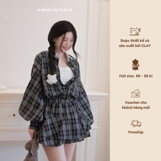 Serana Set Bộ váy sơ mi liền xòe hai tầng dài tay bồng cổ sen bigsize Clay Clothing