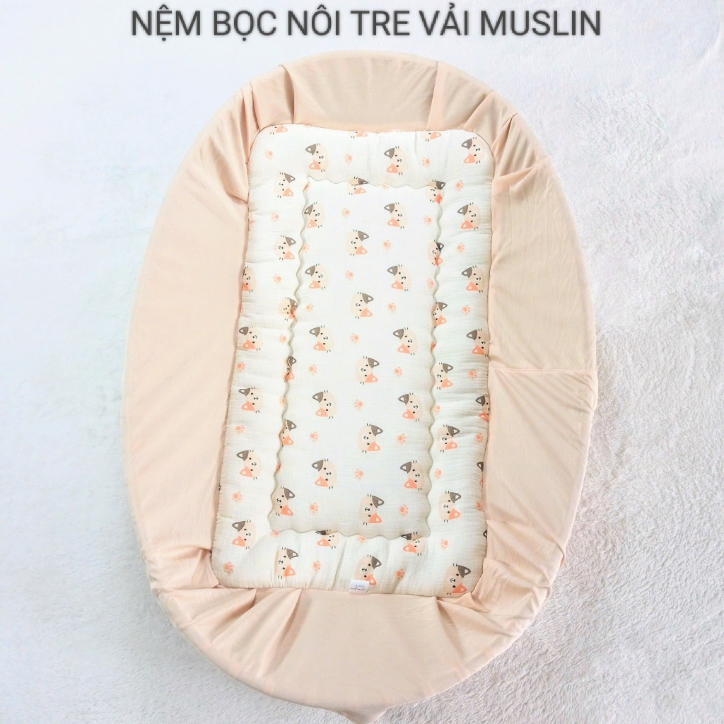  Nệm lót bọc nôi tre Kimhome cho bé nằm võng vải muslin free size cho nôi dài từ 80cm đến 110cm 