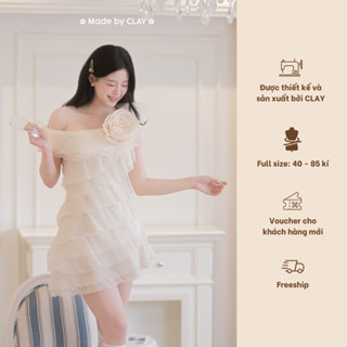 Fleur Dress Váy trễ vai voan trơn xếp tầng đính hoa thiết kế bigsize Clay Clothing