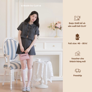 Ivy Set Bộ áo croptop cổ sen cột nơ hở và chân váy chữ A xếp li bigsize ClayClothing