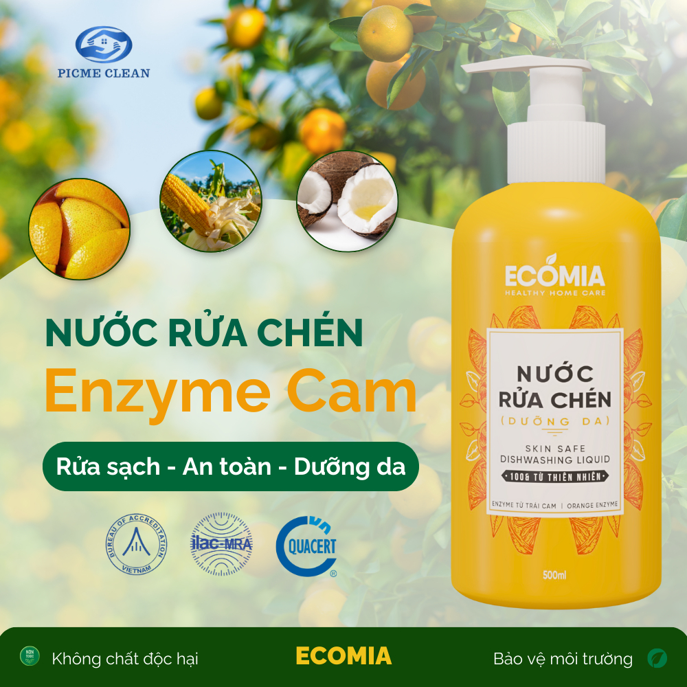 Nước Rửa Chén Sinh Học ECOMIA 500ml Làm Sạch Nhanh, An Toàn Lành Tính, Công Nghệ Enzyme Từ Quả Cam