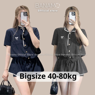 Set nữ BIGSIZE Banamo Fashion bộ cộc tay cổ tàu đính cúc đồng thêu nơ ngực kèm quần short kẻ sọc 1901