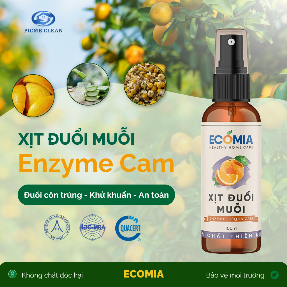Xịt Đuổi Muỗi Sinh Học ECOMIA Chai 100ml An Toàn Cho Bà Bầu, Trẻ Nhỏ, Công Nghệ Emzyme Từ Quả Cam