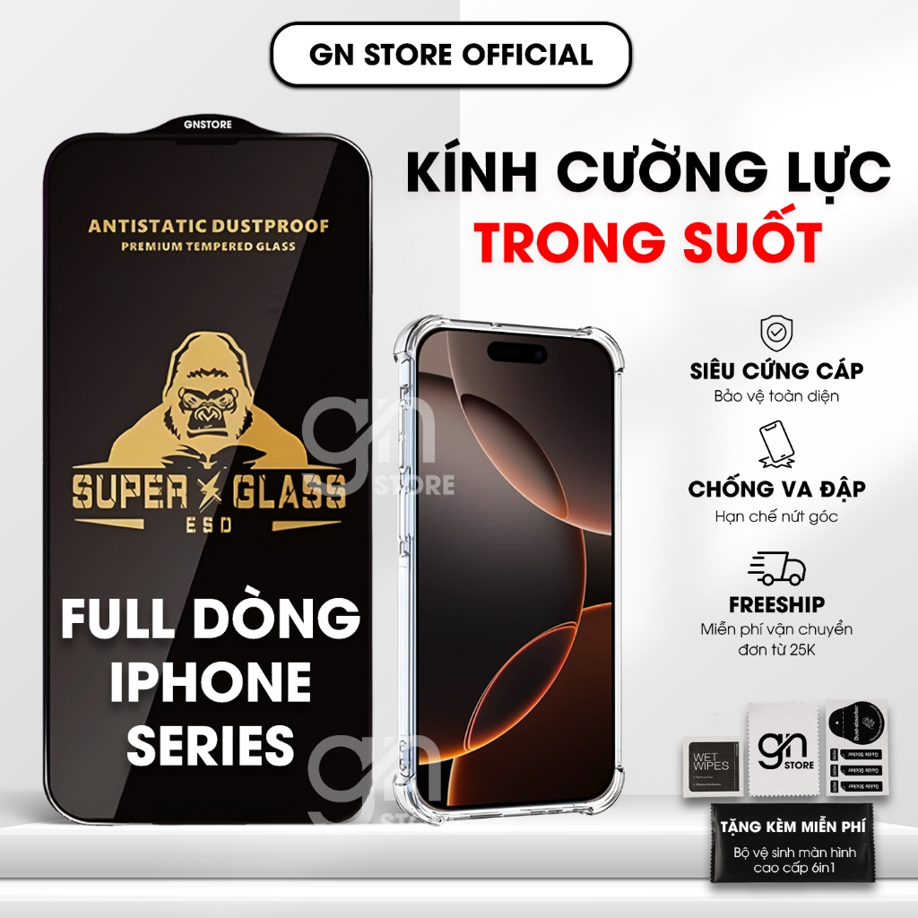 Kính cường lực cho iPhone 17 Promax 16/15/14/13/12/11 Pro/Plus/Promax/Mini/Xs/Xr/6s/7s/8s - GN STORE