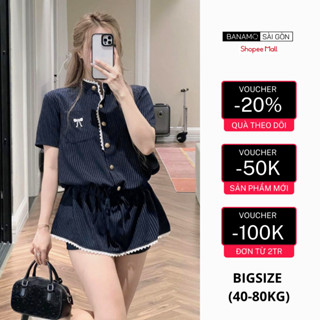 Set jumsuit nữ BIGSIZE Banamo Sài Gòn bộ áo cộc tay cổ tàu đính cúc đồng thêu nơ kèm quần sooc kẻ sọc 1901