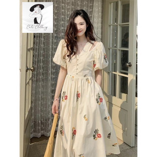 Đầm thô cati thêu hoa cổ giả yếm tay bồng dáng dài siêu xinh A1520