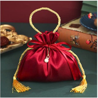 1 CÁI---Túi đựng kẹo cưới 16cm *17cm  19x20 cm tua rua màu đỏ tía, túi đựng tiền may mắn, TÚI ĐỎ LỤA--1 CÁI--