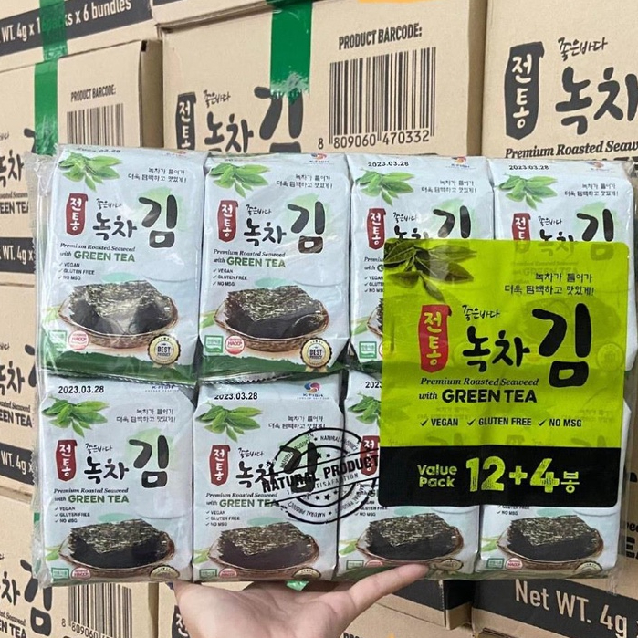 Sâm Hoàng Diệu - Rong biển ăn liền Hàn Quốc vị trà xanh, vị BBQ thượng hạng KFish lốc 3,6, 16 gói *4