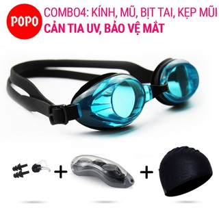 Kính bơi người lớn kèm mũ bơi bịt tai kẹp mũi với mắt kính trong chống sương mờ POPO 1153