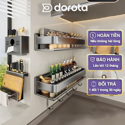 Kệ gia vị nhà bếp có móc treo đa năng DOROTA đựng đồ dùng nhà bếp chất liệu nhôm cao cấp KGV