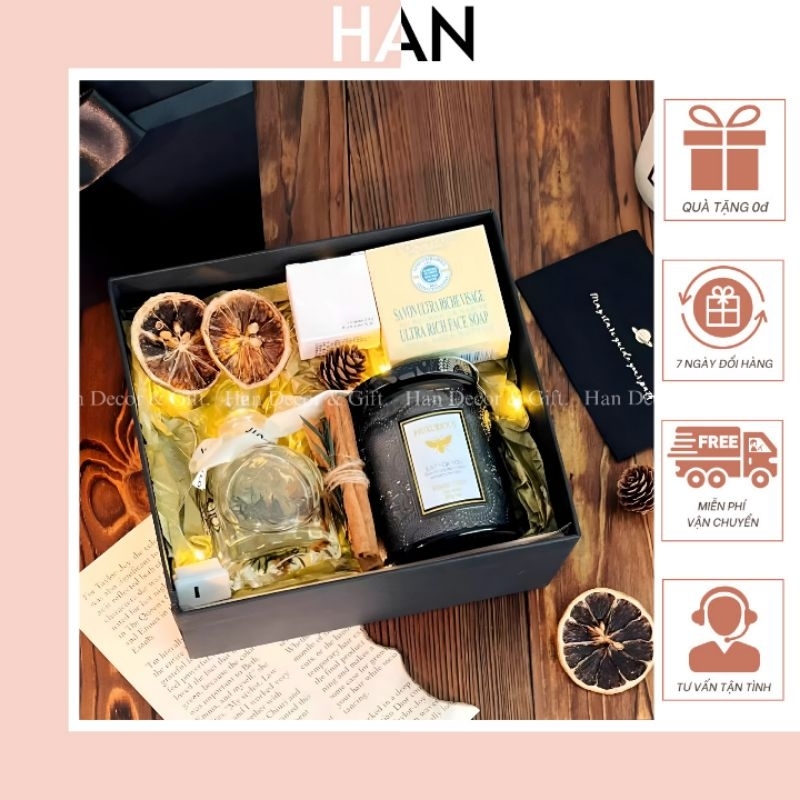  Set Quà Tặng Nến Thơm + Tinh Dầu Thư Giãn Vintage  Tặng Túi Thiệp Đèn Led  - Quà Sinh Nhật Quà Cưới Sang Trọng 