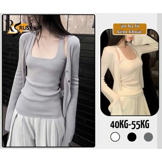 Áo Thun Tay Dài Set 2 Món Áo 2 Dây Kèm Khoác Choàng Trơn Basic Dáng Ôm Body, Set Áo 2 Món Kiểu Thun Nữ Tay Dài RUSY