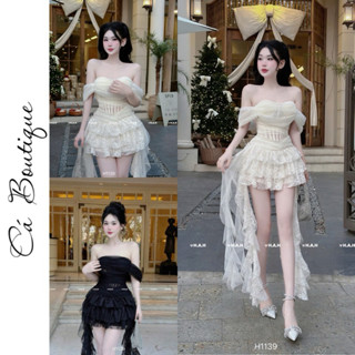 Đầm vai trễ corset lưới chân váy ren tầng xoè dự tiêc phối ‘’REN RŨ’’ đuôi dài, đầm dự tiệc trễ vai Cá Boutique