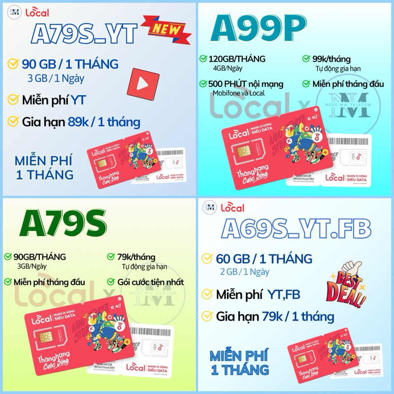 Esim Local Mobi A69 A79 A89 A99 A119 - Data tốc độ cao - Miễn phí tháng đầu {Tự chọn số đẹp}